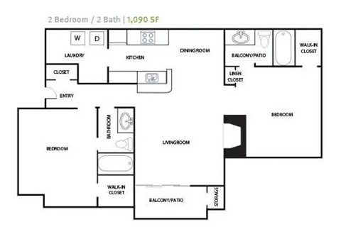 Floor plan for 2 beds, 2 baths, 1090 sqft